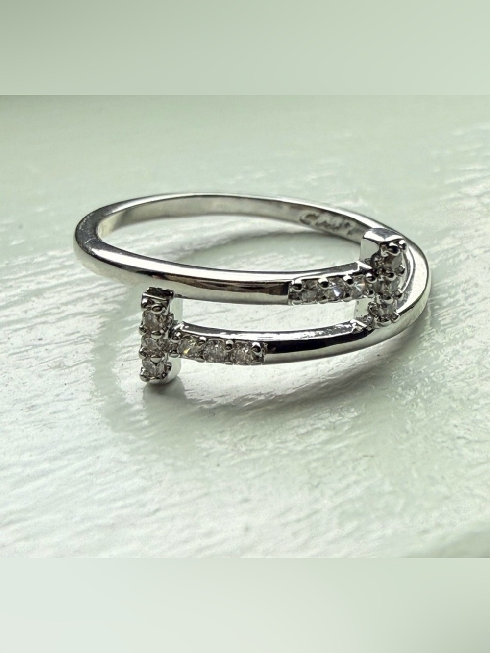 NEW! 14k White Gold Plated Pavè Crystal Double Bar "T" Ring, Size 8